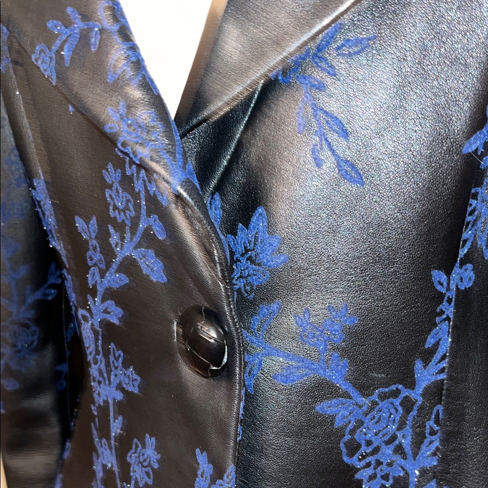 Armani Collezioni One of a kind Jacket Black leather and Blue Flower embroidery